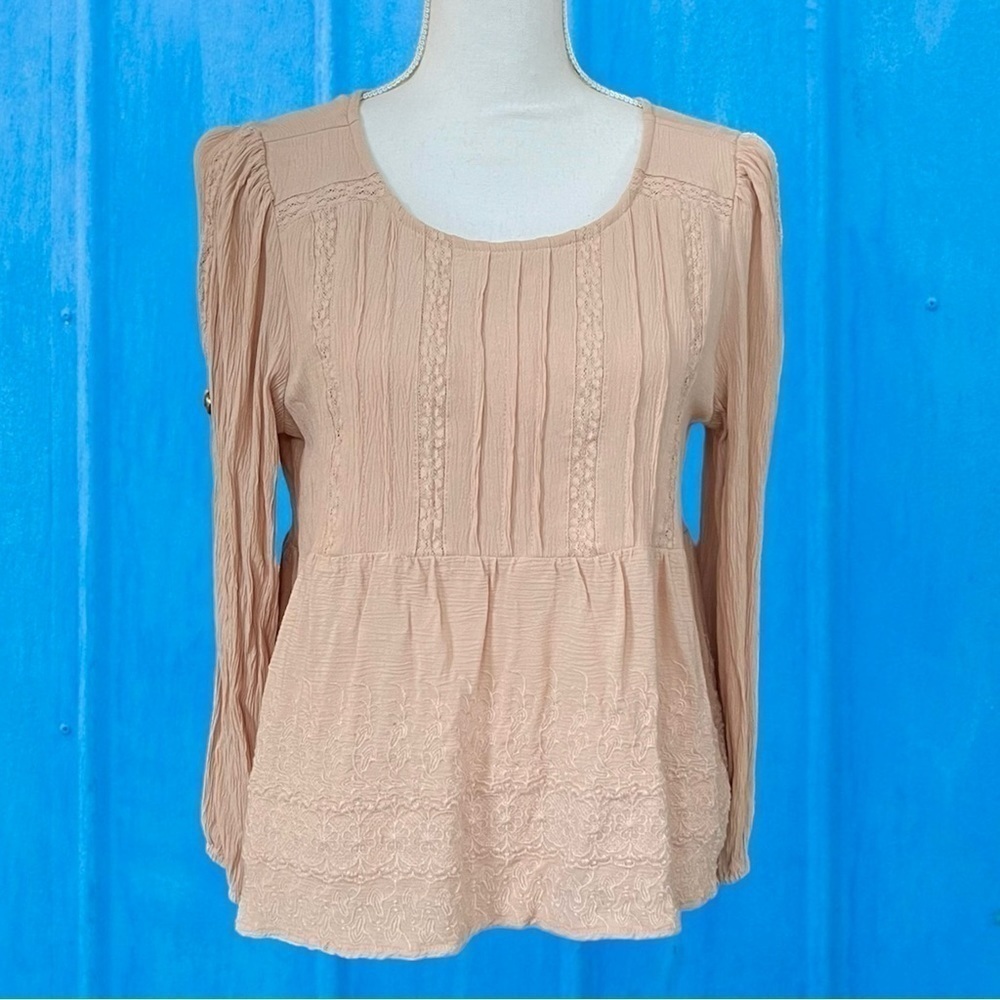 AE Blush Pink Long-sleeved Smocked Boho Top Scoop Neck Sz S